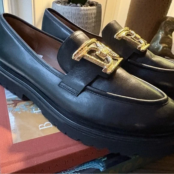 🧶Dissona NWOB Black Leather Lug Sole Loafers Gold Buckle Size EU 40 + Free Gift